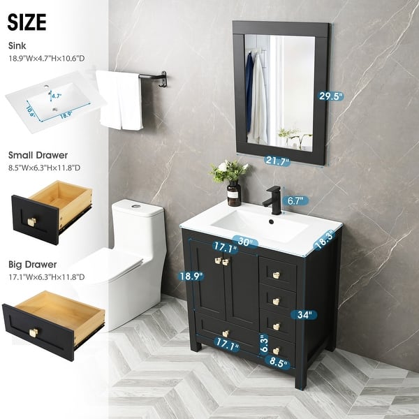Eclife 30'' Bathroom Vanities Cabinet with Sink Combo Set Drop in Ceramic Sink Matte Black ...